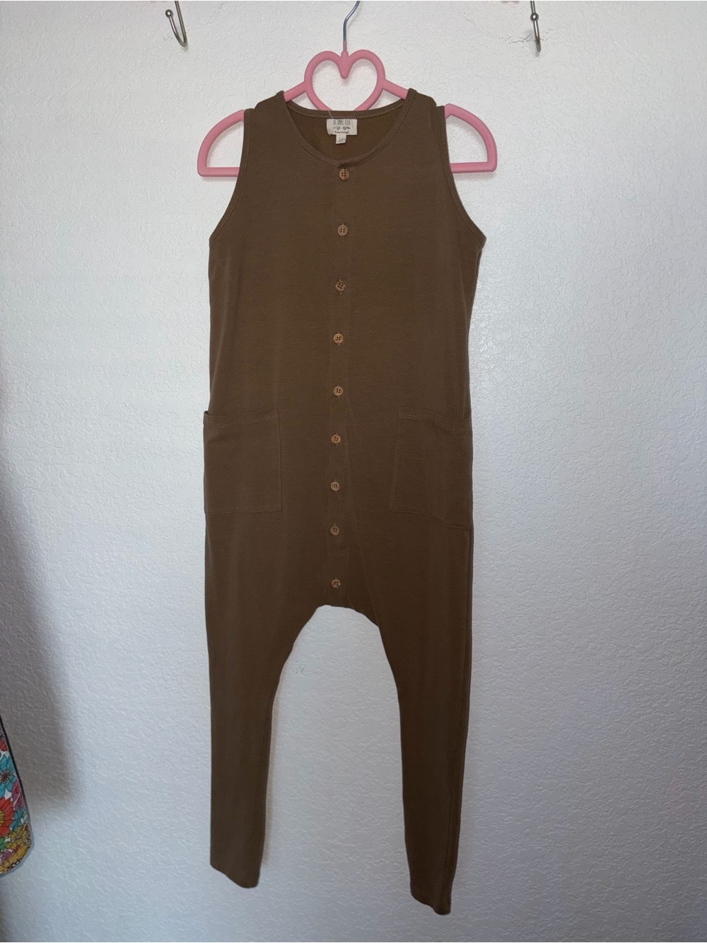 Sleeveless Button-Front Jumpsuit in Olive Brown